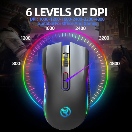 Gaming mouse with RGB lighting and a DPI indicator dial surrounding it.