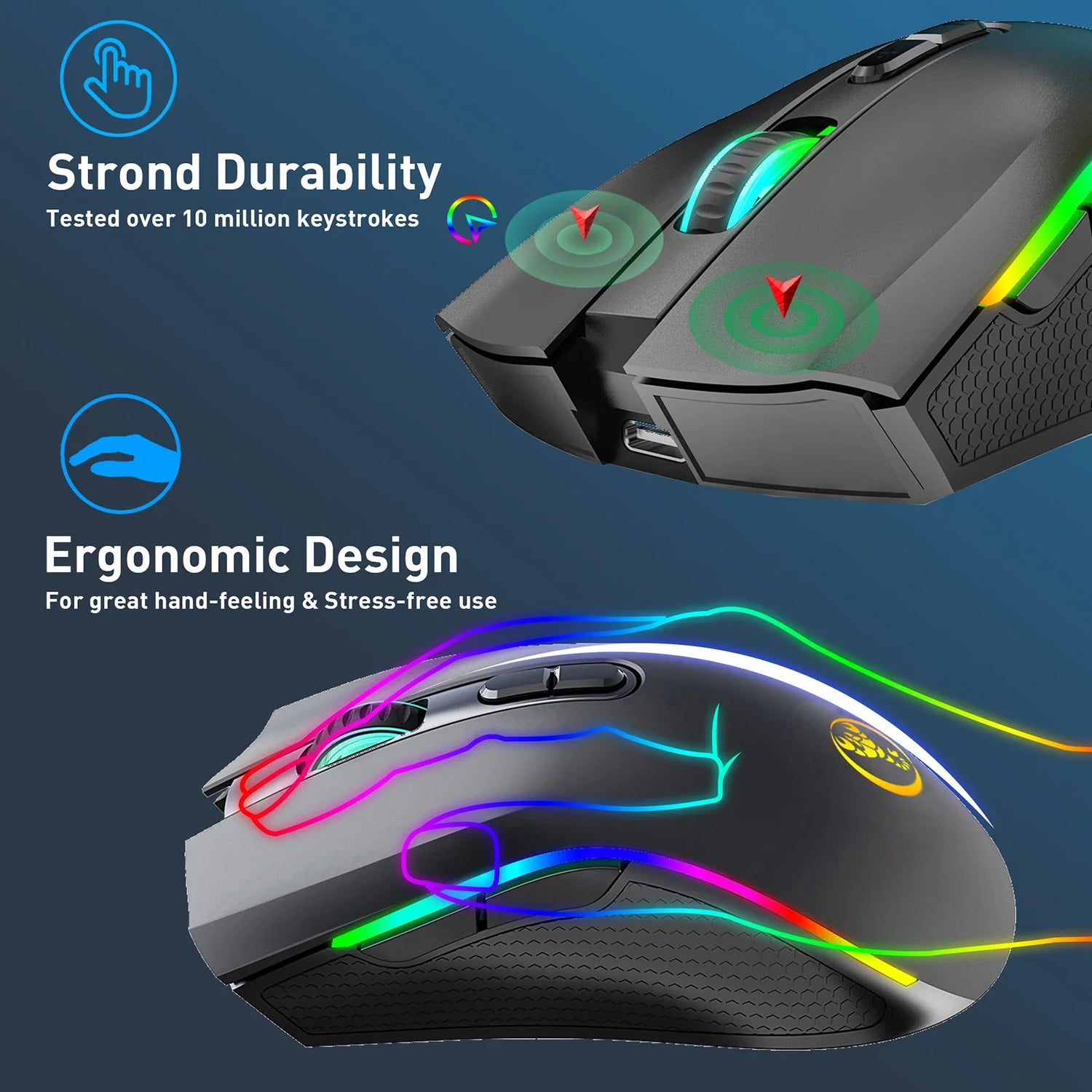 Gaming mouse with RGB lighting and ergonomic design features.