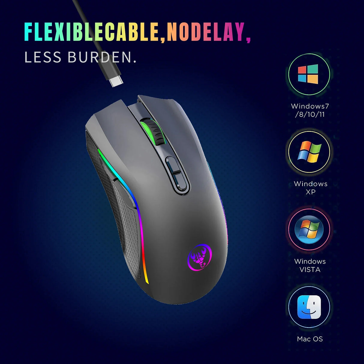 Gaming mouse with RGB lighting and a flexible cable.