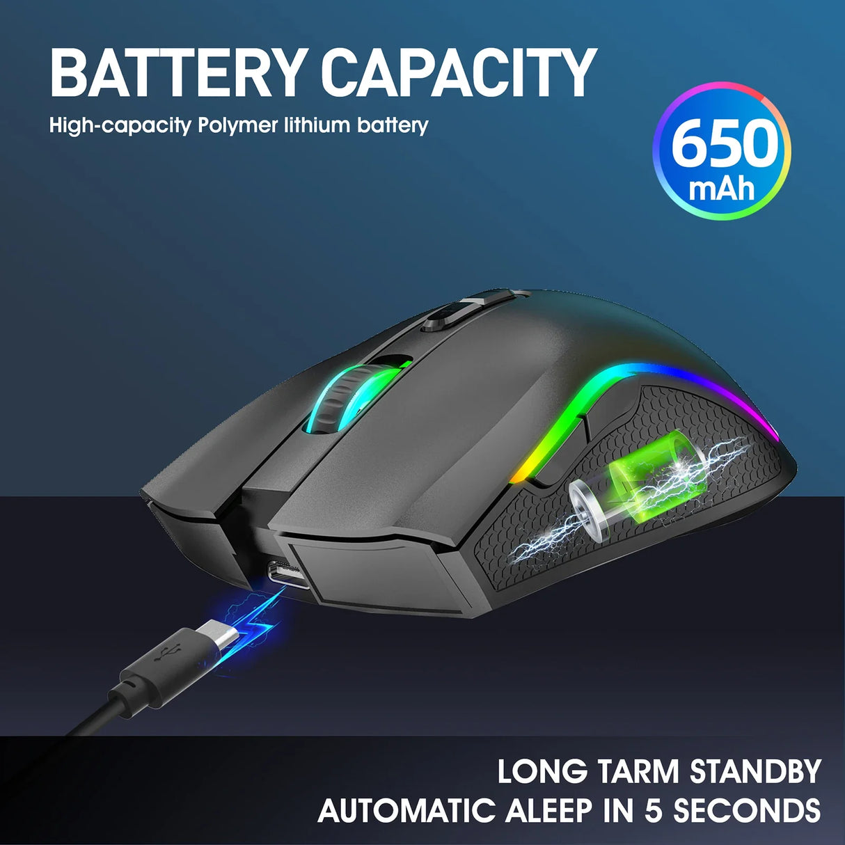 Gaming mouse with RGB lighting and a high-capacity battery.