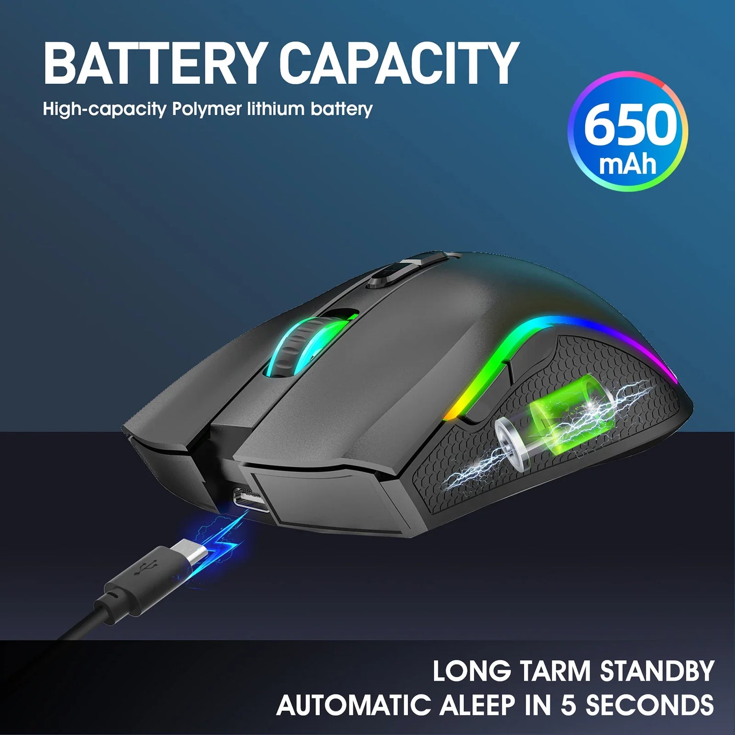 Gaming mouse with RGB lighting and a high-capacity battery.