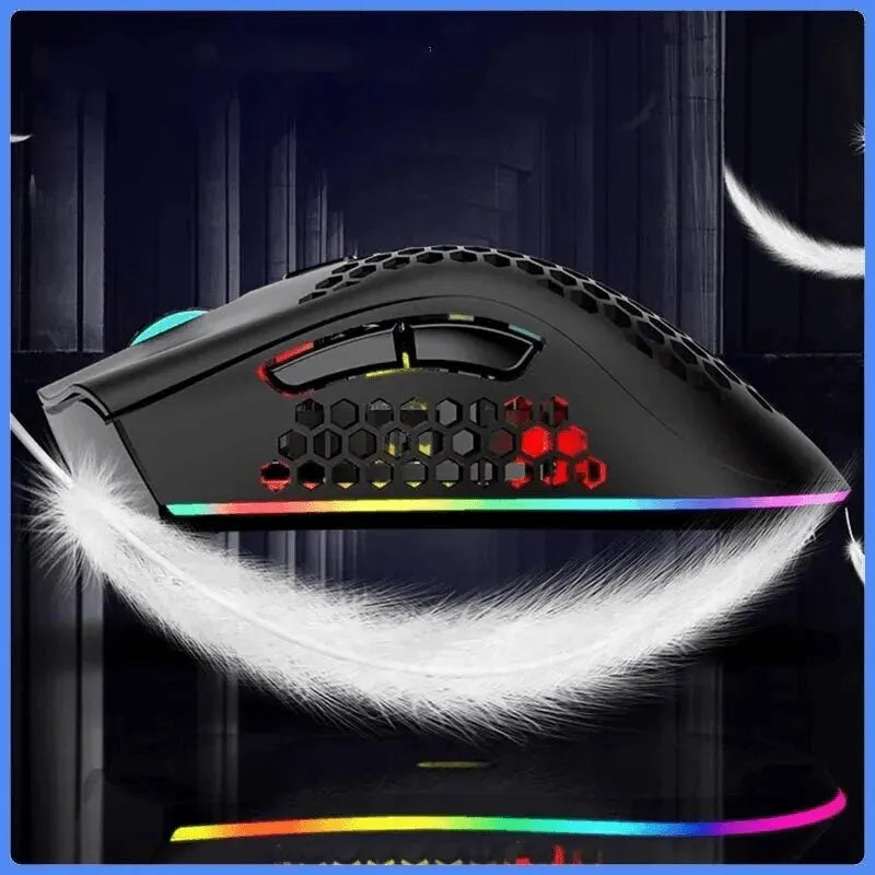 Gaming mouse with RGB lighting and a honeycomb shell design.