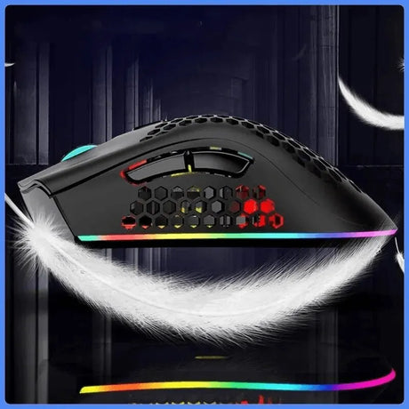 Gaming mouse with RGB lighting and a honeycomb shell design.