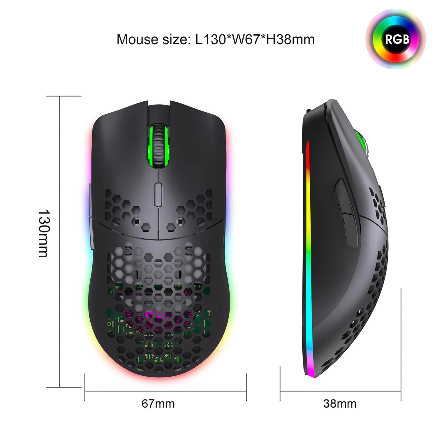 Gaming mouse with RGB lighting and a honeycomb shell design.