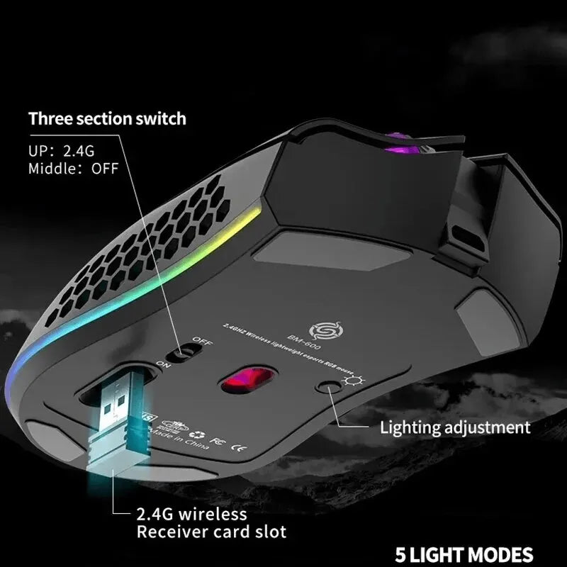 Gaming mouse with RGB lighting and multiple customizable features.