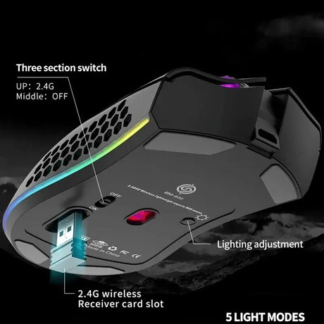 Gaming mouse with RGB lighting and multiple customizable features.