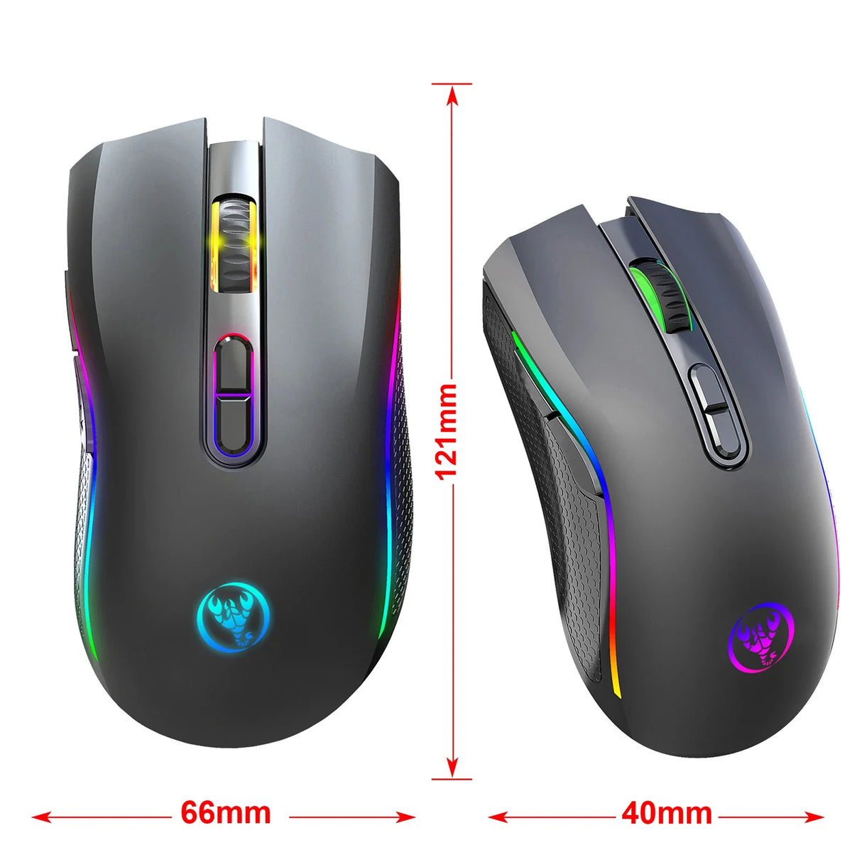 Gaming mouse with RGB lighting and multiple buttons.