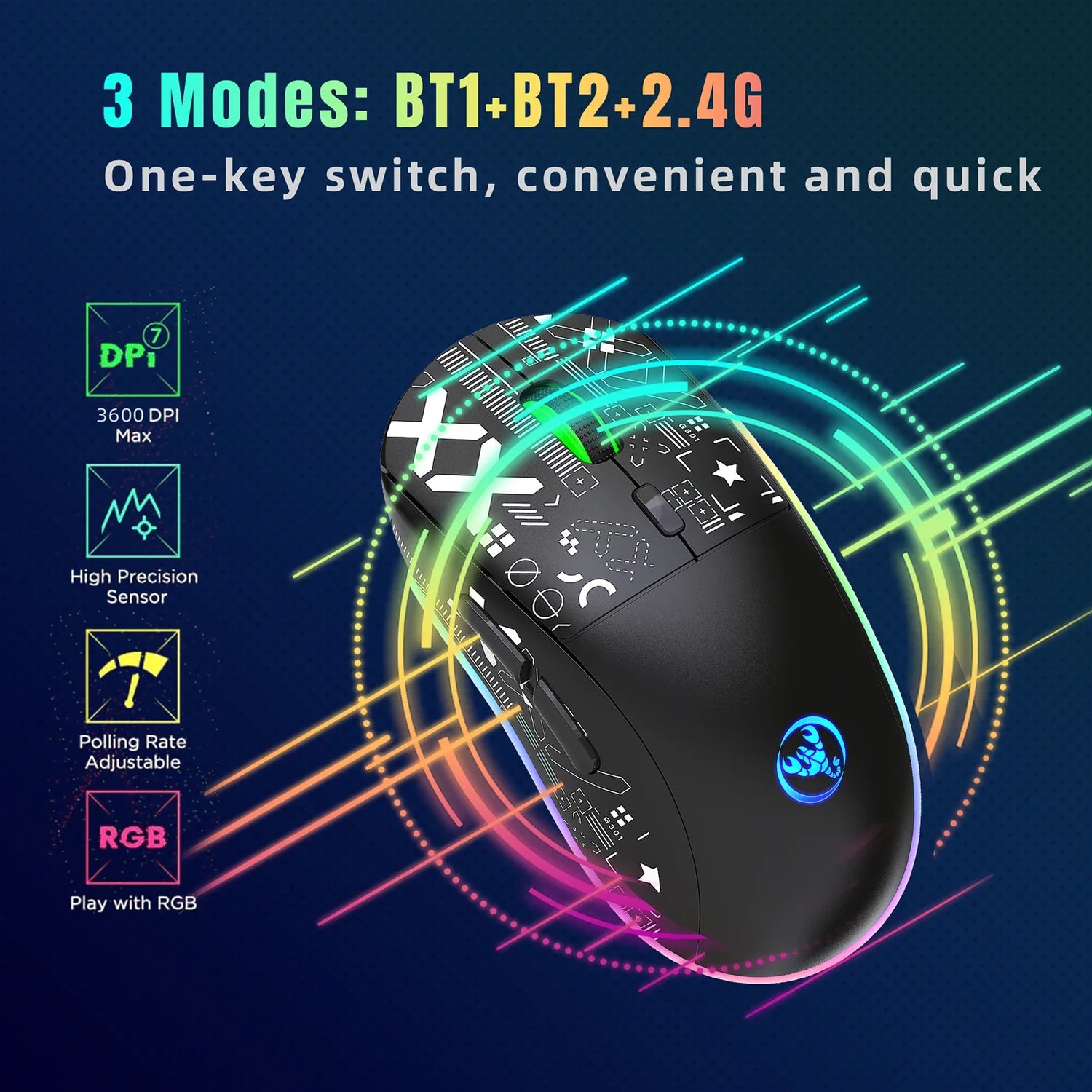 Gaming mouse with RGB lighting and multiple connectivity modes.