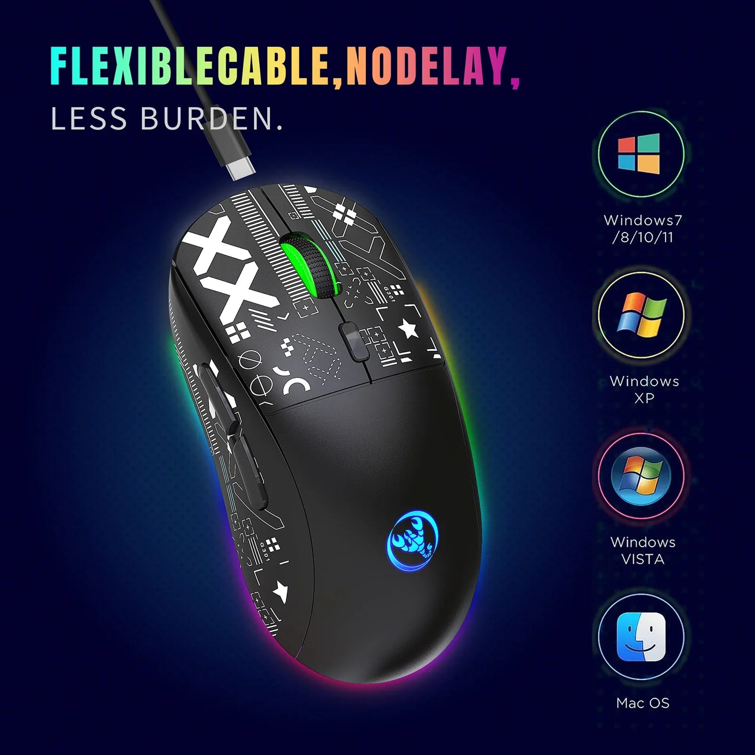 Gaming mouse with RGB lighting and multiple buttons.