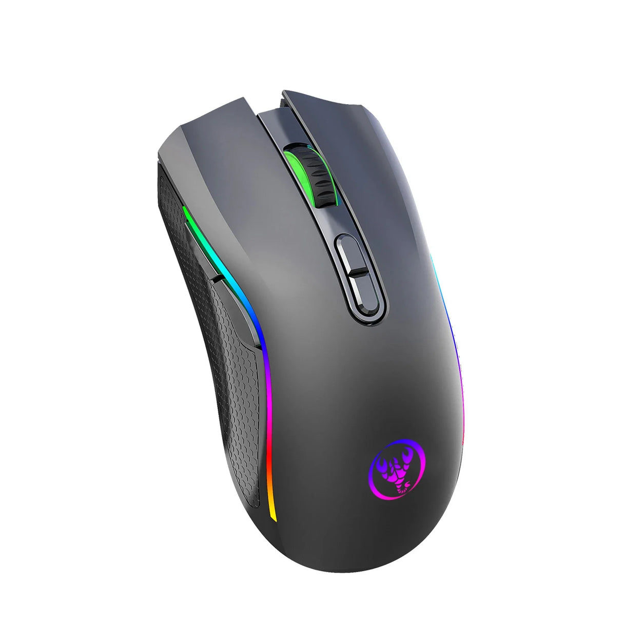 Gaming mouse with RGB lighting and a sleek gray design.