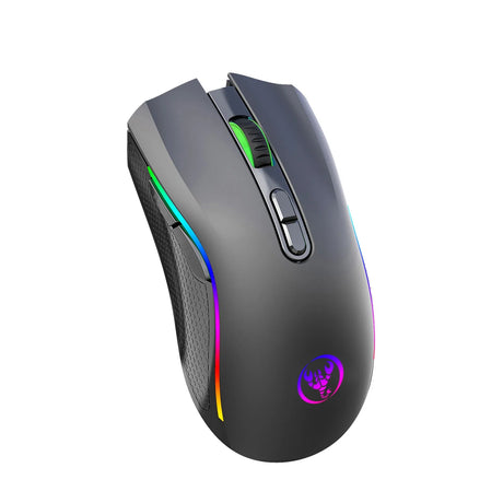 Gaming mouse with RGB lighting and a sleek gray design.