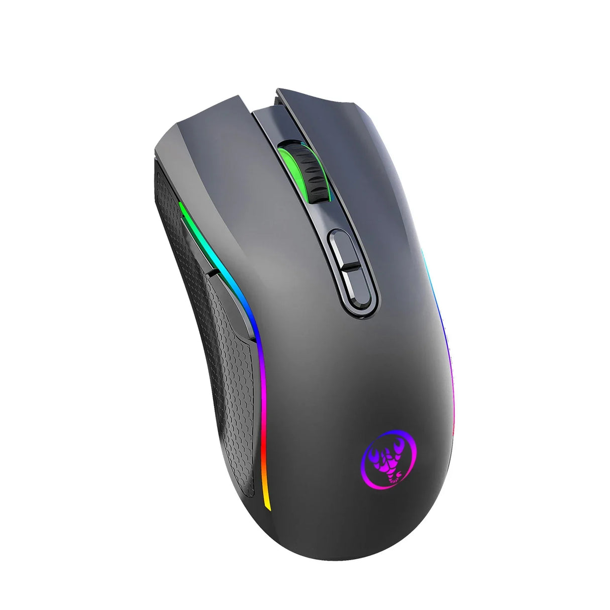 Gaming mouse with RGB lighting and a sleek gray design.