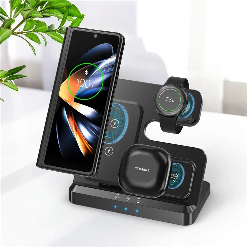Multi-device wireless charging station for smartphone, smartwatch, and earbuds.