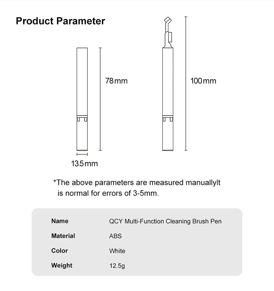 Multi-function cleaning brush pen with product specifications and dimensions.