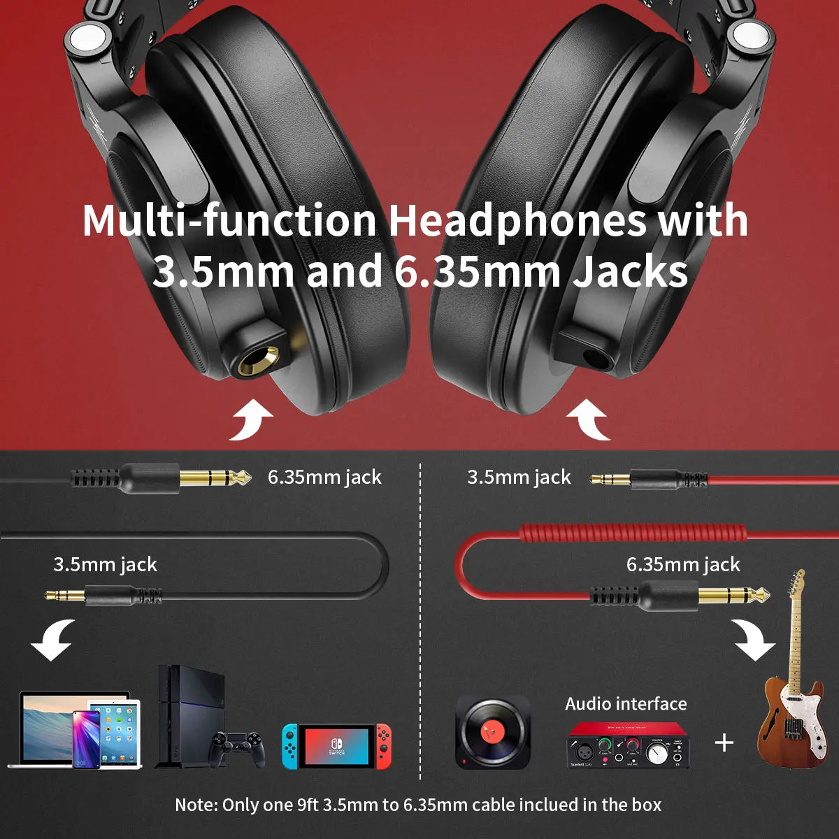 Multi-function headphones with dual 3.5mm and 6.35mm audio jack compatibility.