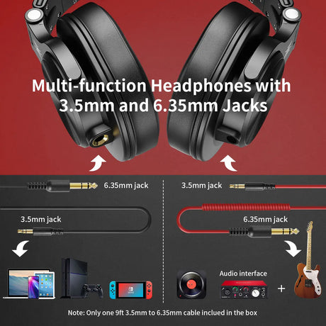 Multi-function headphones with dual 3.5mm and 6.35mm audio jack compatibility.
