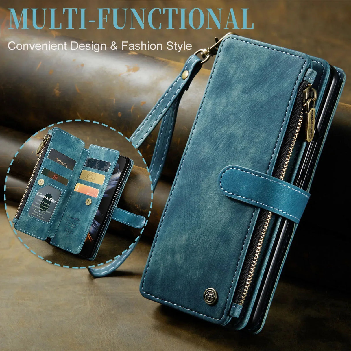 Multi-functional blue leather wallet with zipper compartments and card slots.
