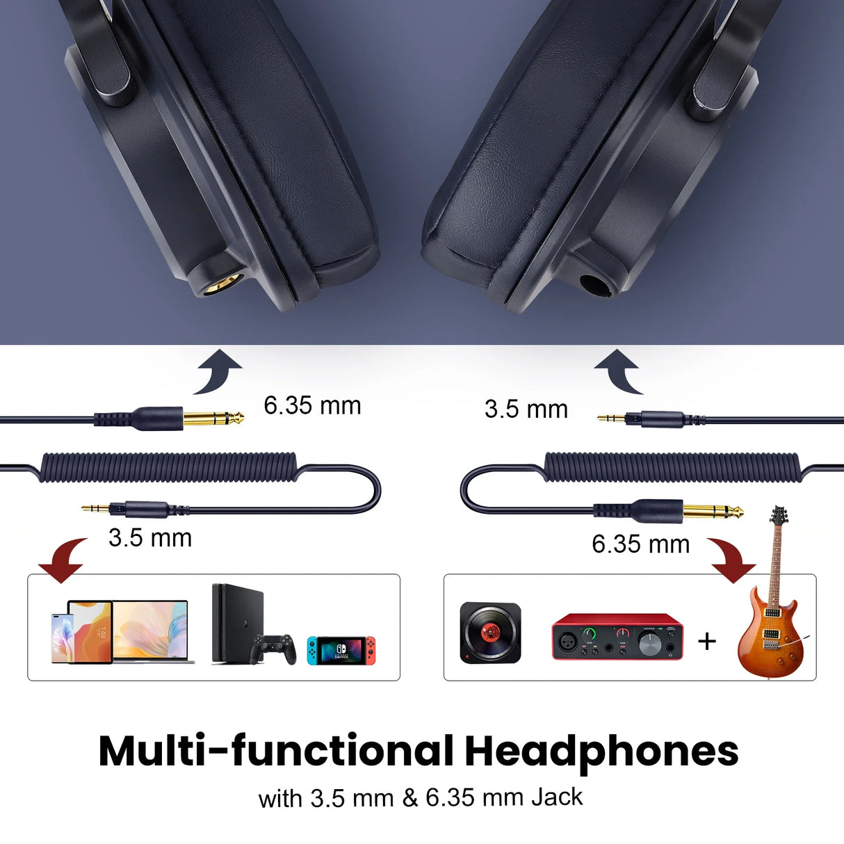 Multi-functional headphones with 3.5 mm and 6.35 mm jack.
