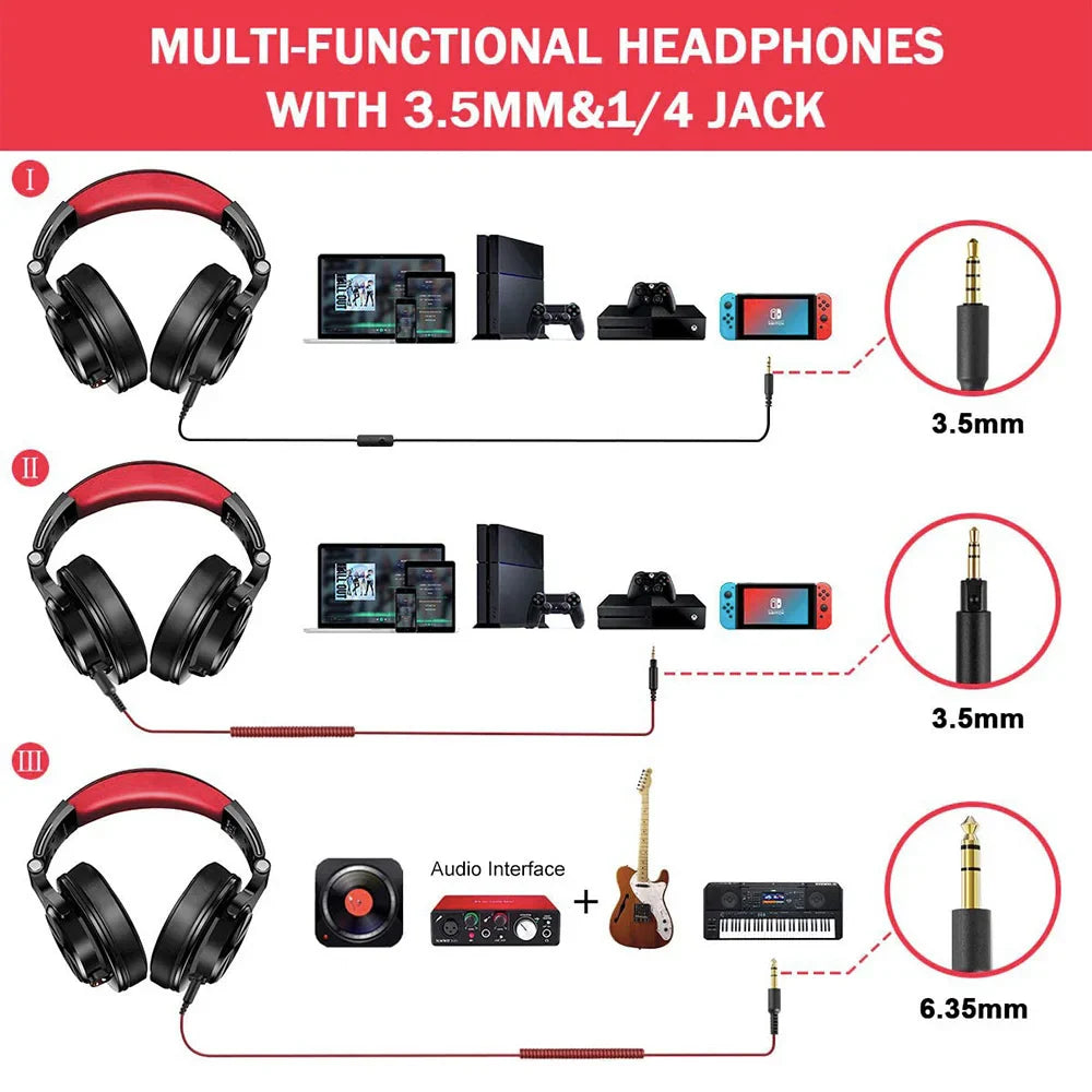 Multi-functional headphones with 3.5mm and 1/4 inch jack compatibility for various devices.