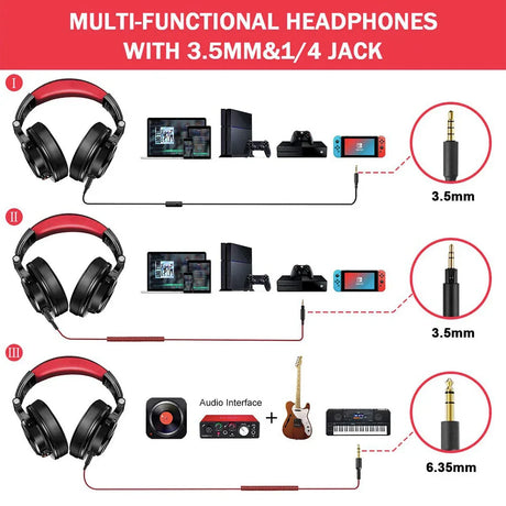 Multi-functional headphones with 3.5mm and 1/4 inch jack compatibility for various devices.