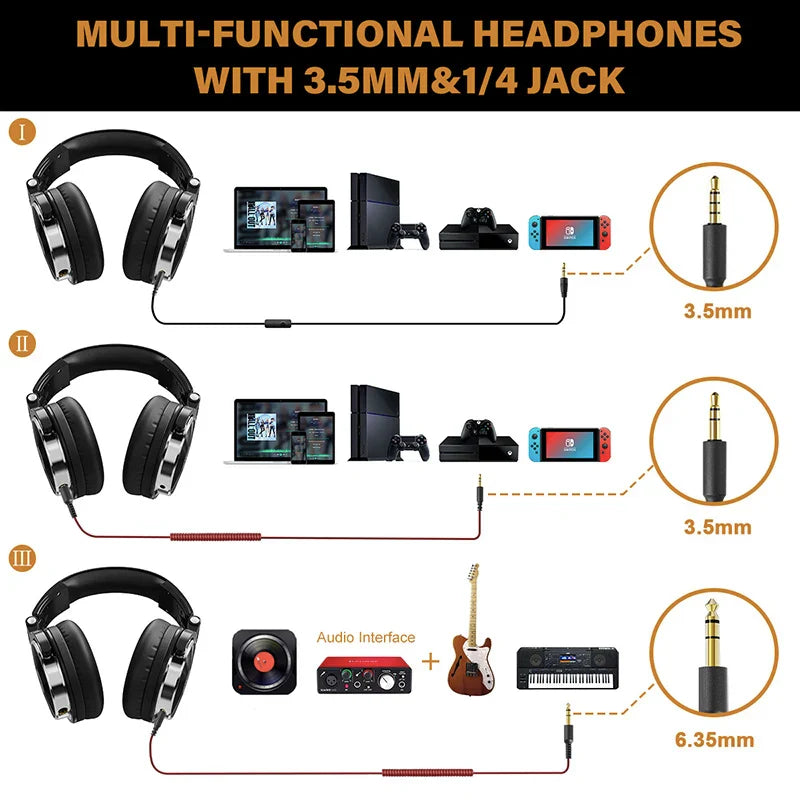 Multi-functional headphones with 3.5mm and 1/4 inch jack compatibility for various devices.