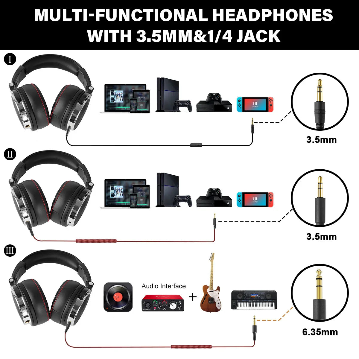 Multi-functional headphones with 3.5mm and 1/4 inch jack compatibility for various devices.