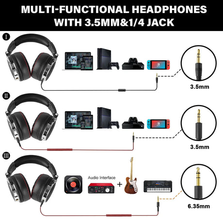 Multi-functional headphones with 3.5mm and 1/4 inch jack compatibility for various devices.