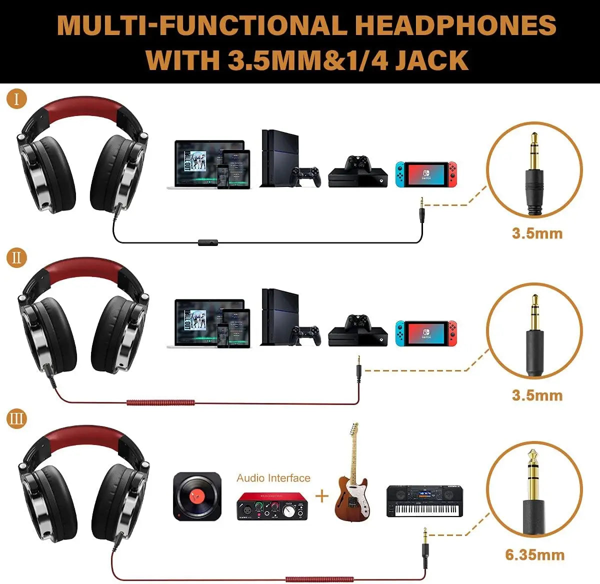 Multi-functional headphones with 3.5mm and 1/4 inch jack compatibility for various devices.