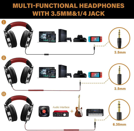 Multi-functional headphones with 3.5mm and 1/4 inch jack compatibility for various devices.