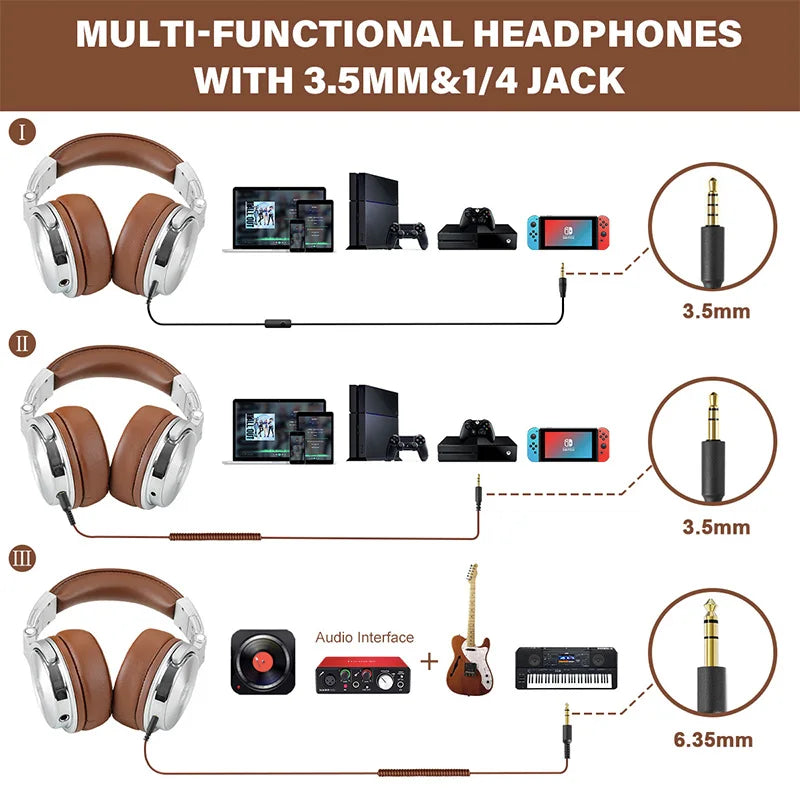 Multi-functional headphones with brown ear cups and white outer shells, compatible with various devices via 3.5mm and 6.35mm jacks.