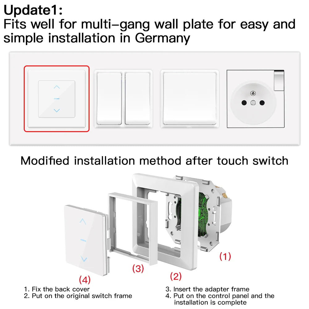 Multi-gang wall plate with touch switch installation guide.