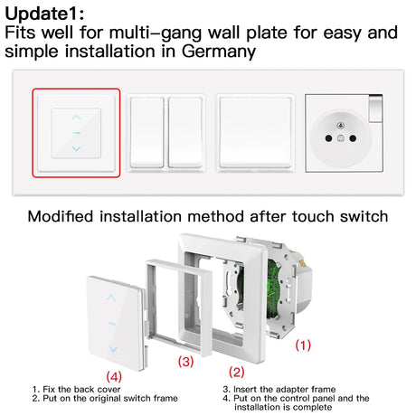 Multi-gang wall plate with touch switch installation guide.