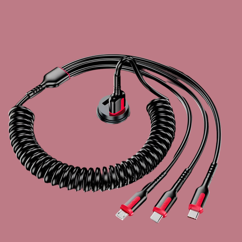 Multi-headed charging cable with a coiled cord and multiple connector types.