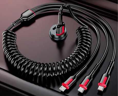 Multi-headed charging cable with a coiled section and red accents.