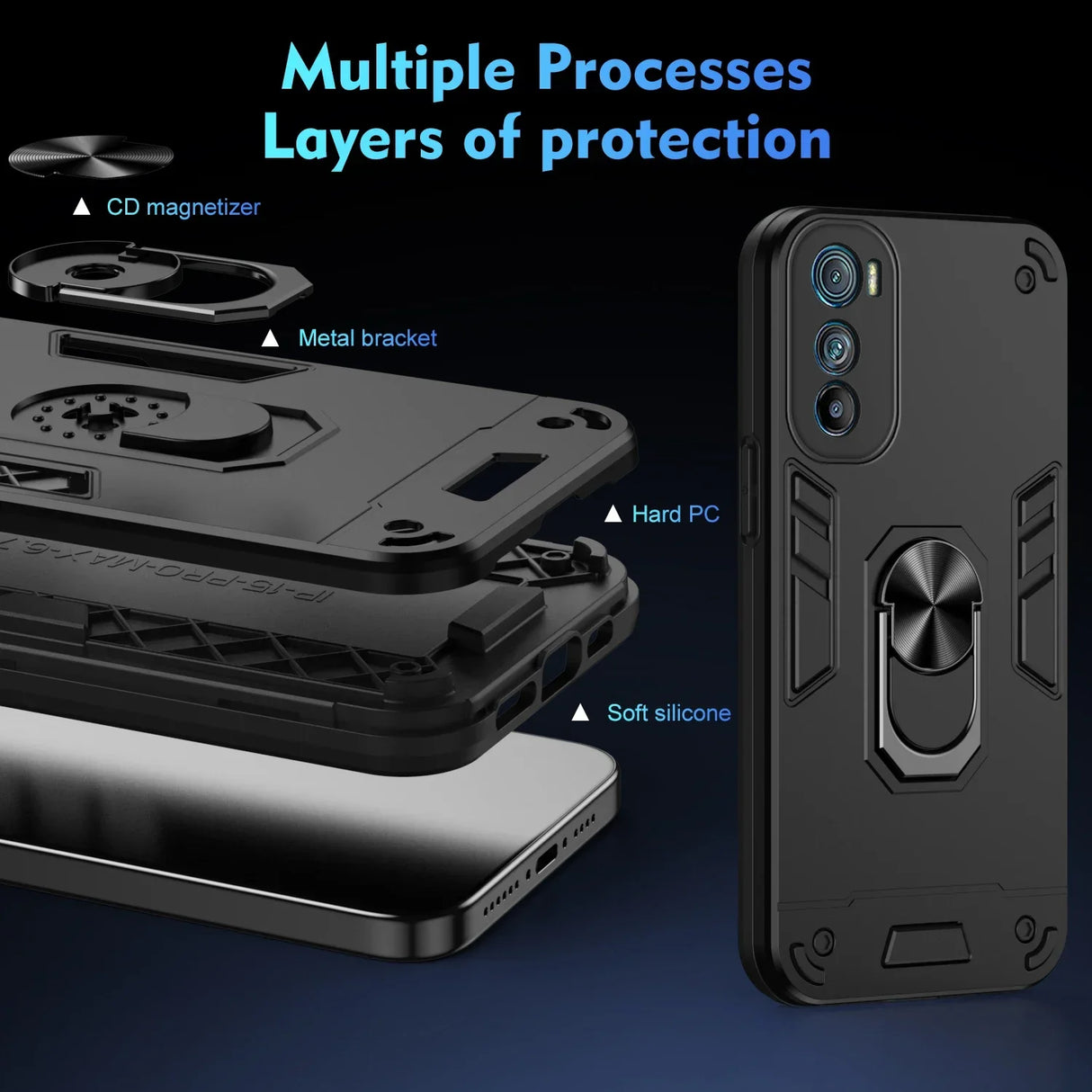 Multi-layered, durable black phone case with a built-in ring stand and magnetic compatibility.