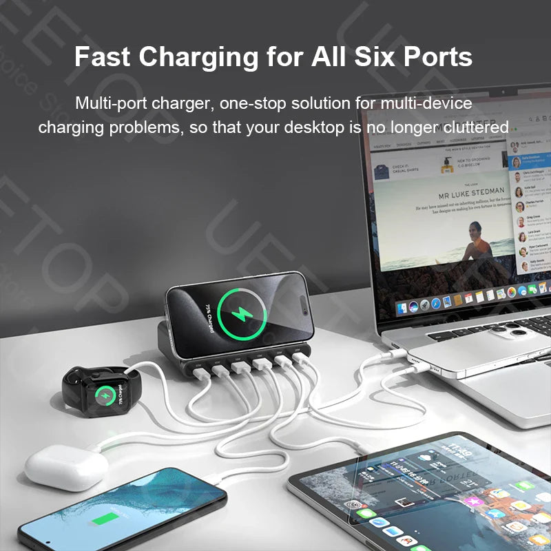 Multi-port charging station with six ports for simultaneously charging multiple devices.