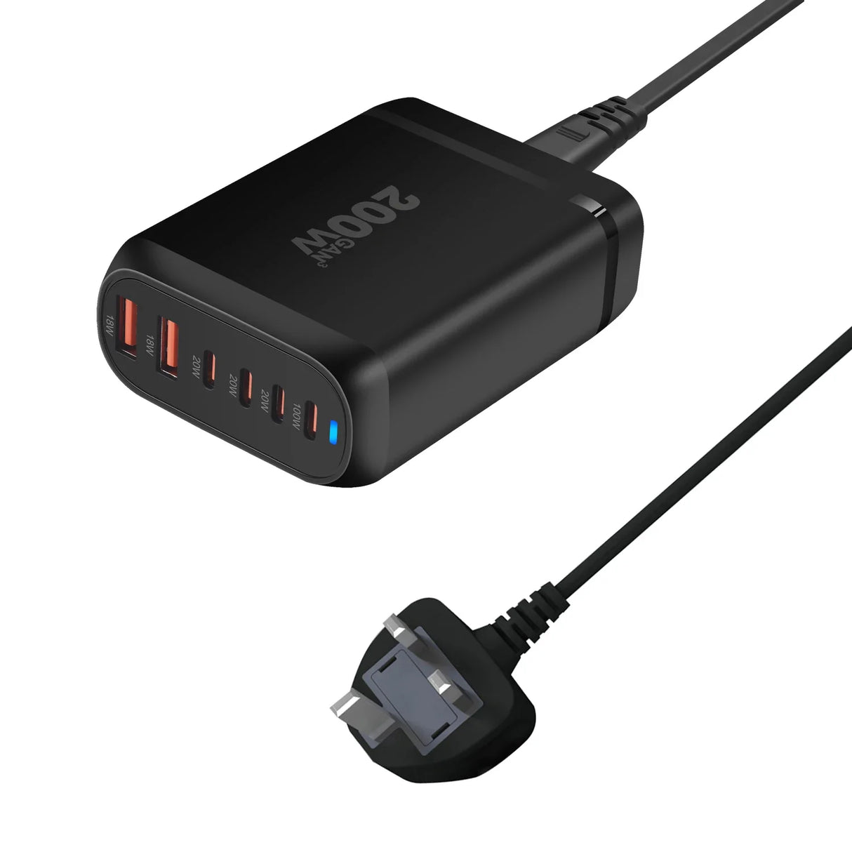Multi-port USB charger with five charging ports and an attached power cable.
