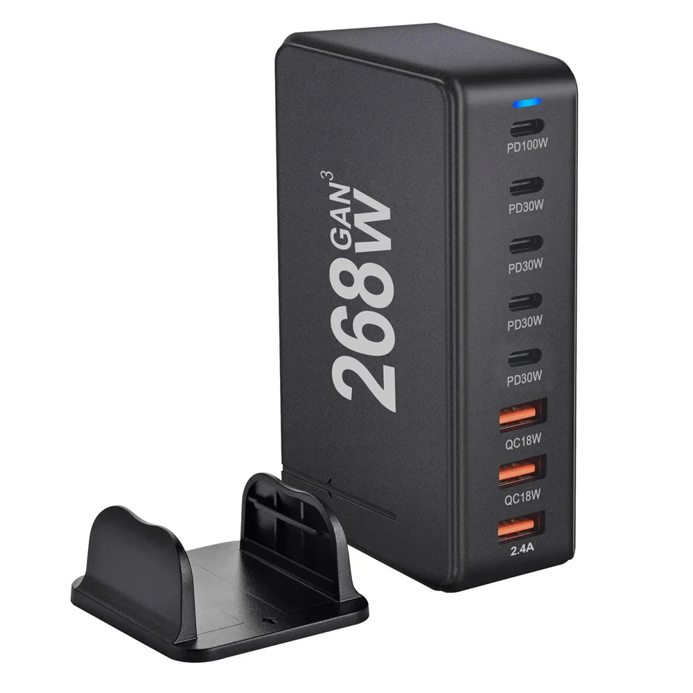Multi-port USB charger with ’268W’ branding and various power output options.