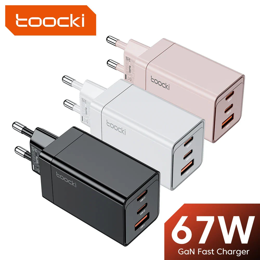 Multi-port USB chargers in black, white, and pink colors featuring 67W GaN fast charging technology.