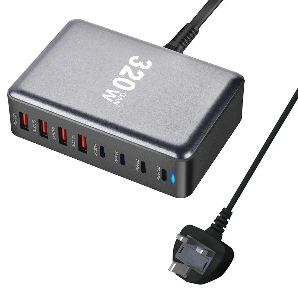 Multi-port USB charging hub with ’320W GaN’ branding.