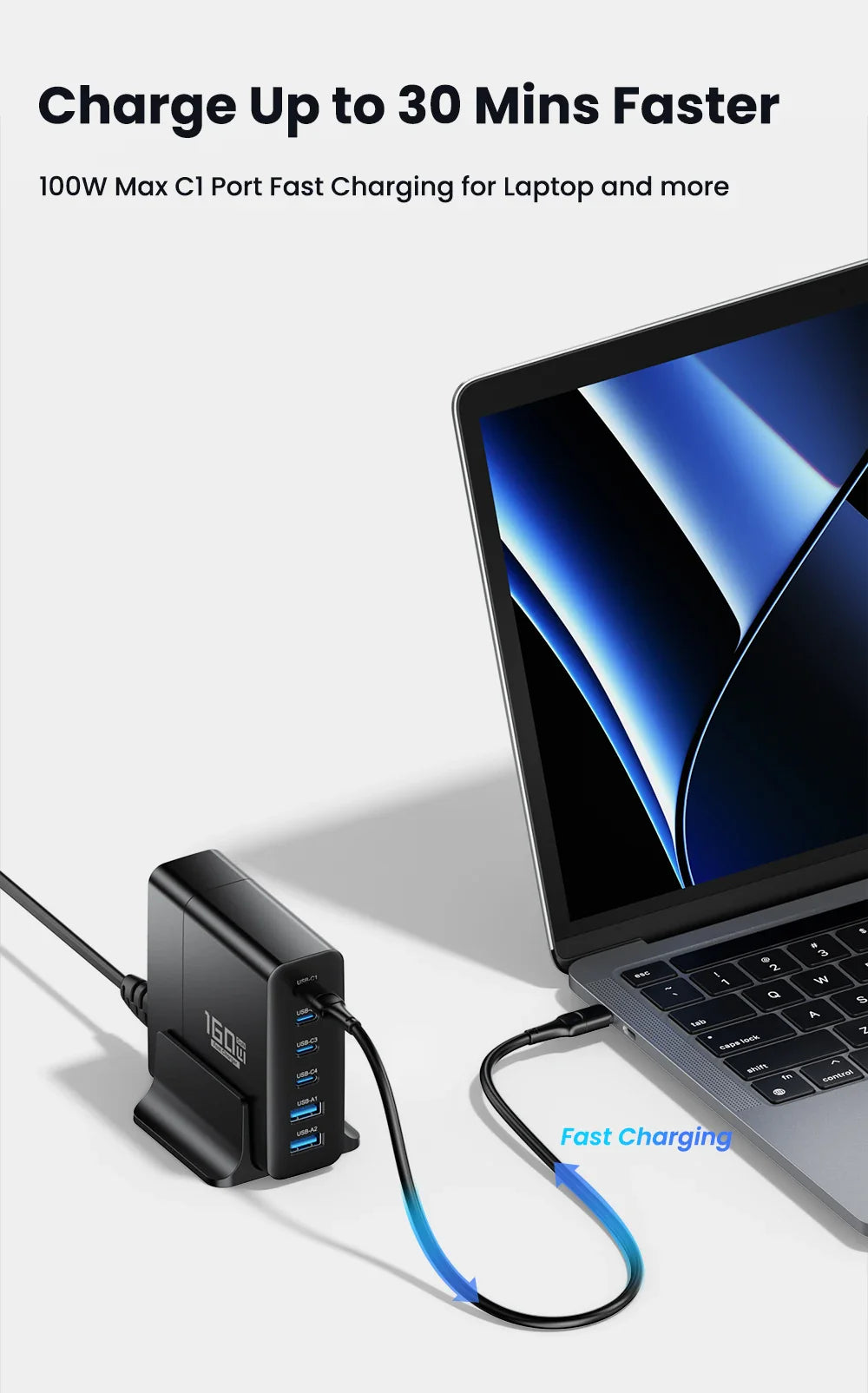 Multi-port USB charging hub connected to a laptop with a glowing blue cable.