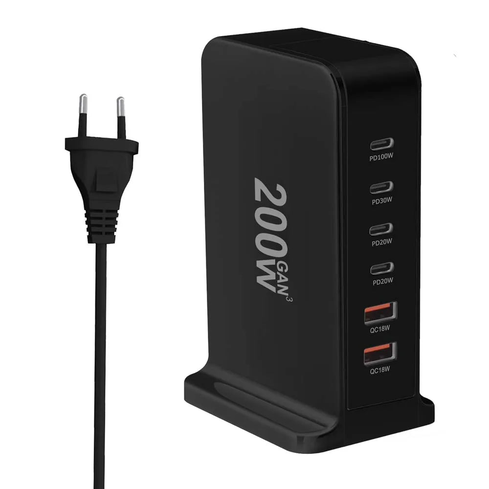 Multi-port USB charging station with 200W power output and an attached power cord.