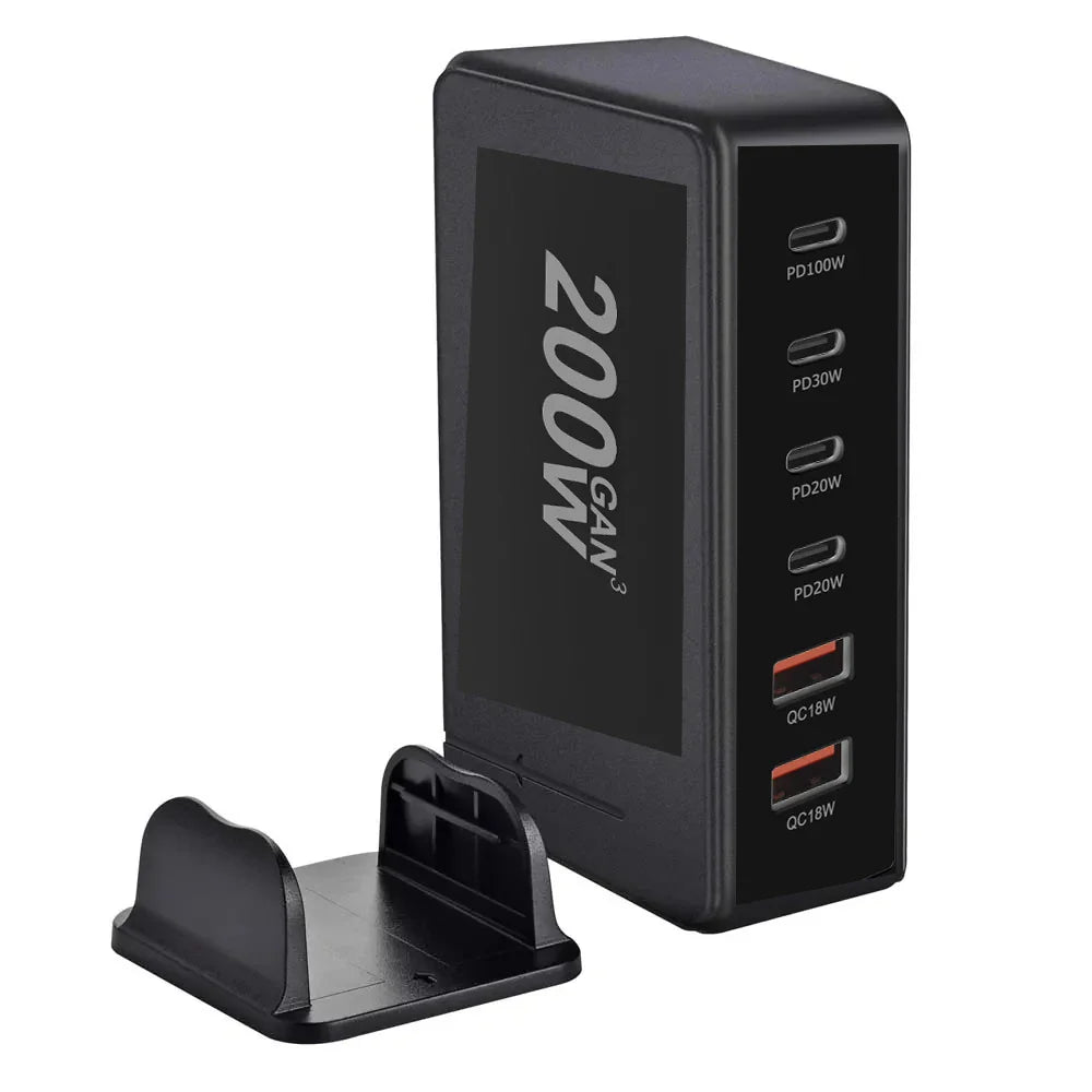Multi-port USB charging station with ’200W’ printed on the side and various power output options.