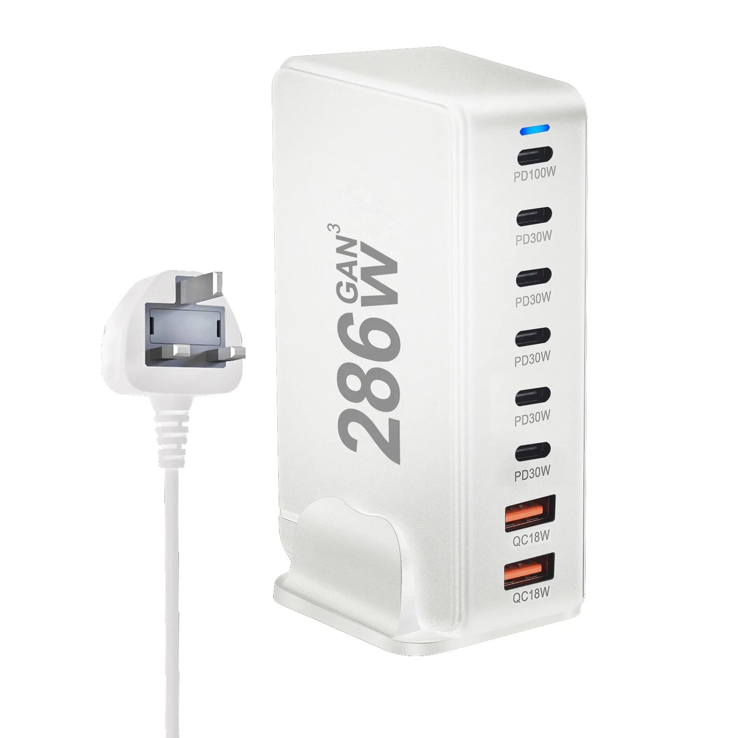 Multi-port USB charging station with 286W power output and various USB-C and USB-A ports.