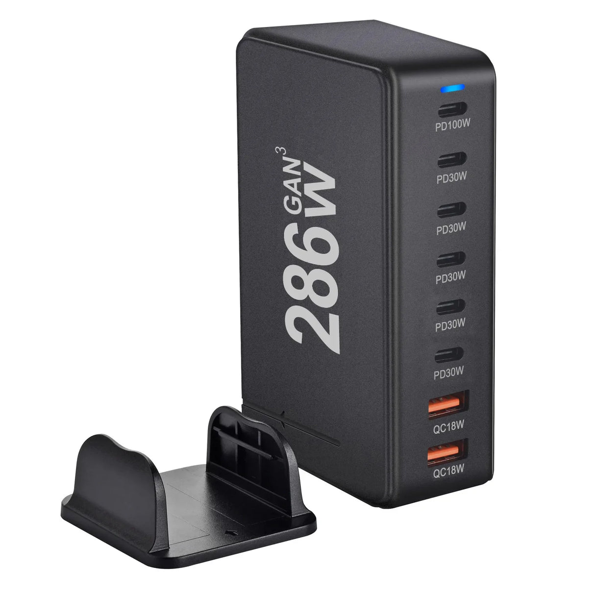 Multi-port USB charging station with ’286W’ branding on the side.