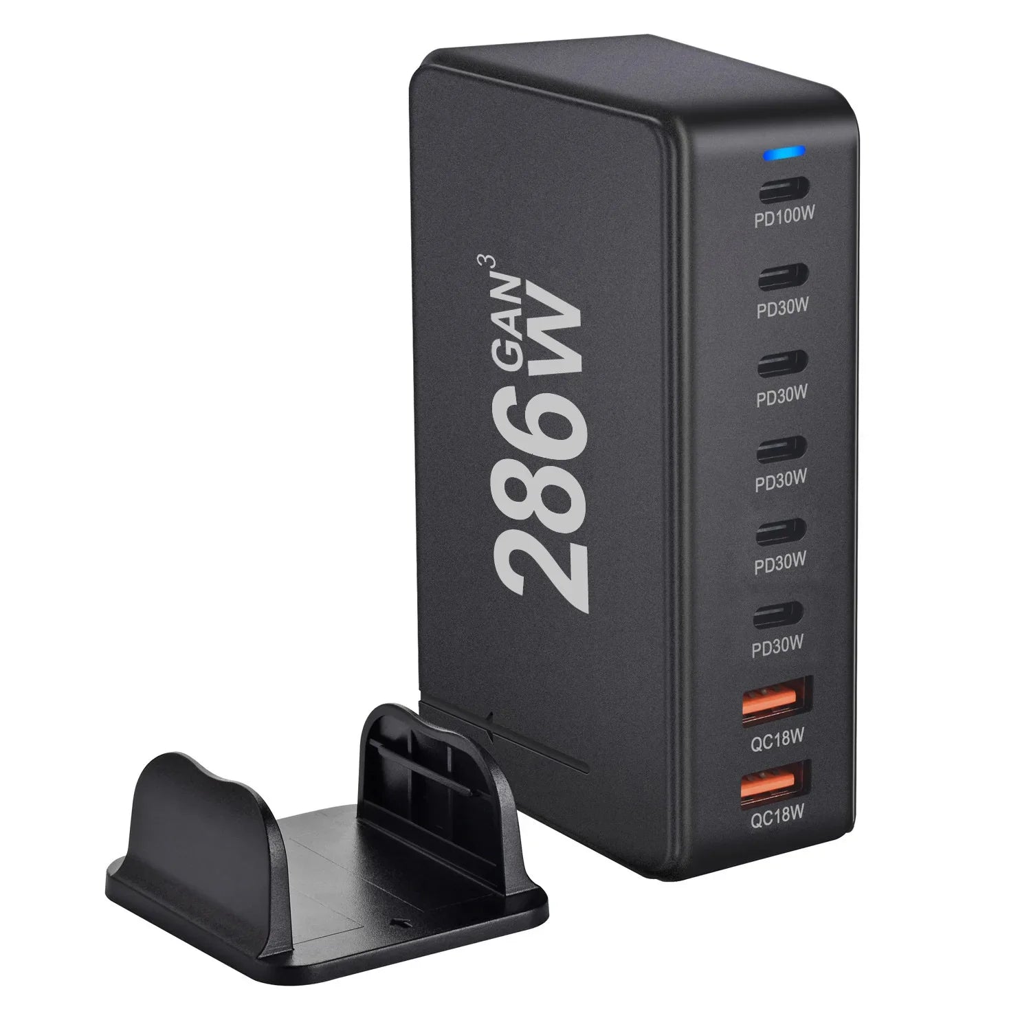 Multi-port USB charging station with ’286W’ branding on the side.