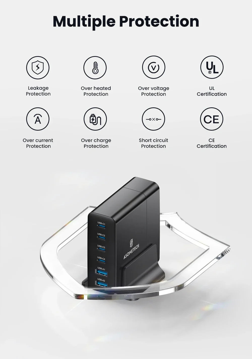 Multi-port USB charging station with a black rectangular body sitting on a clear plastic stand.