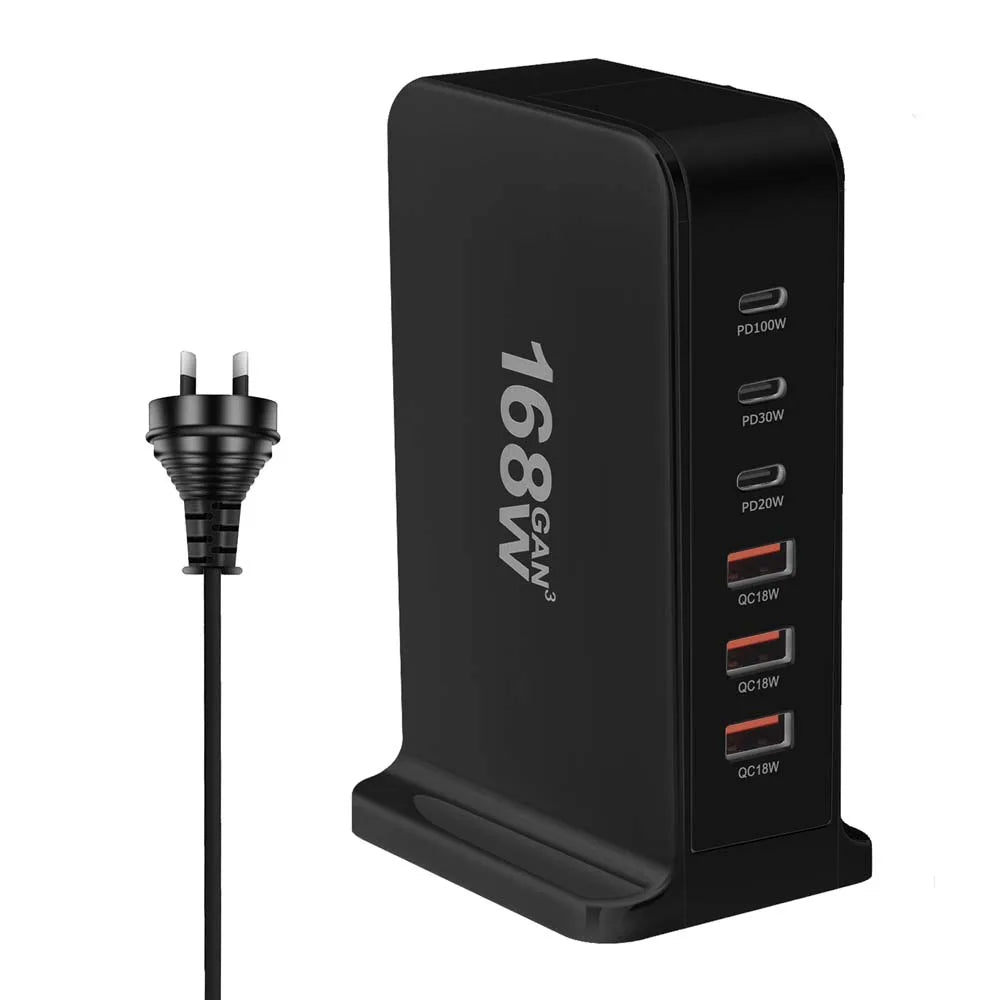 Multi-port USB charging station with ’168W’ branding and a power cable.
