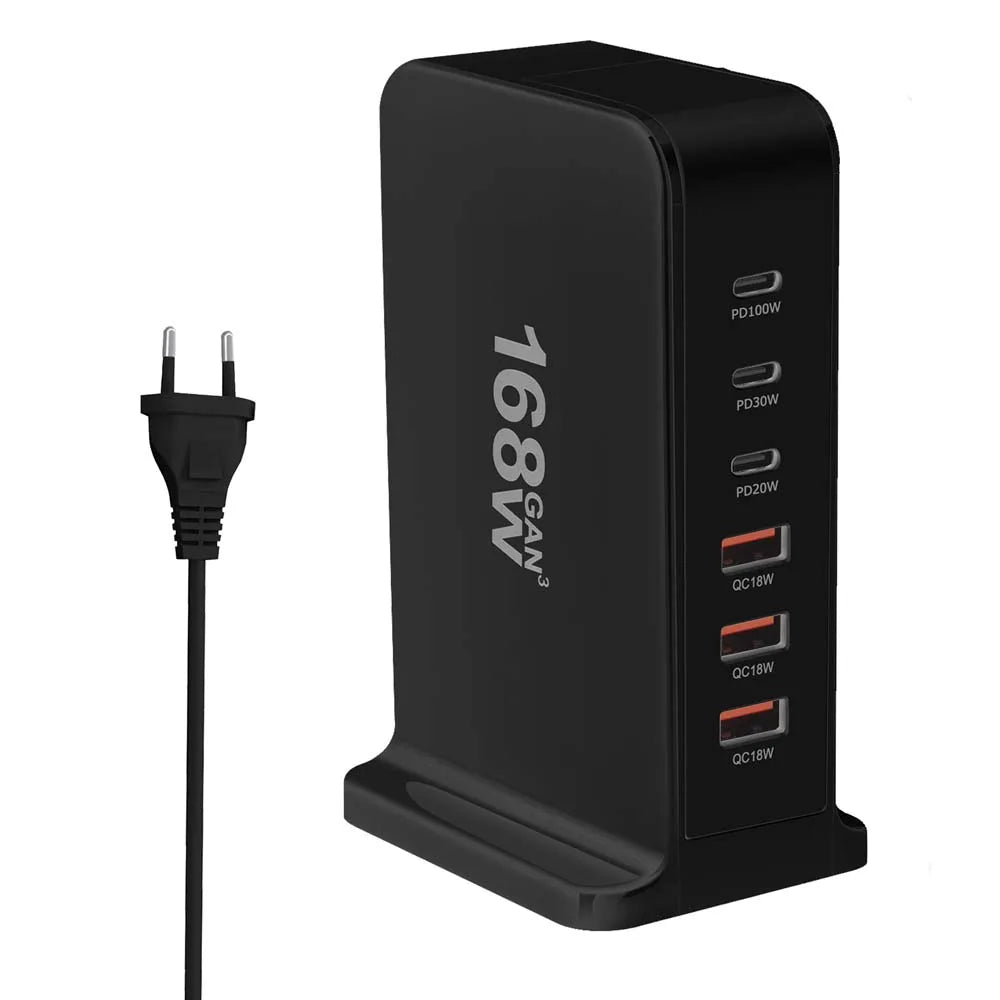 Multi-port USB charging station with ’168W’ branding and various power output options.