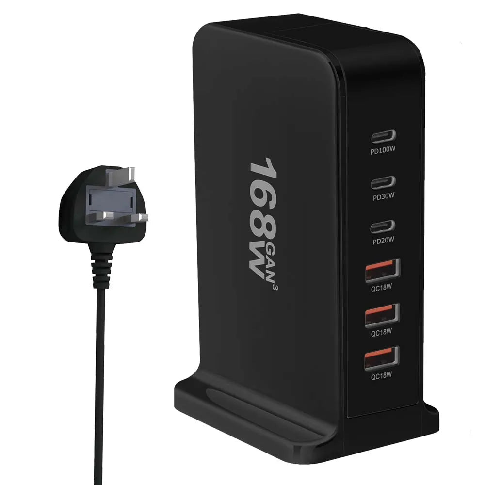 Multi-port USB charging station with ’168W’ branding and various power output options.